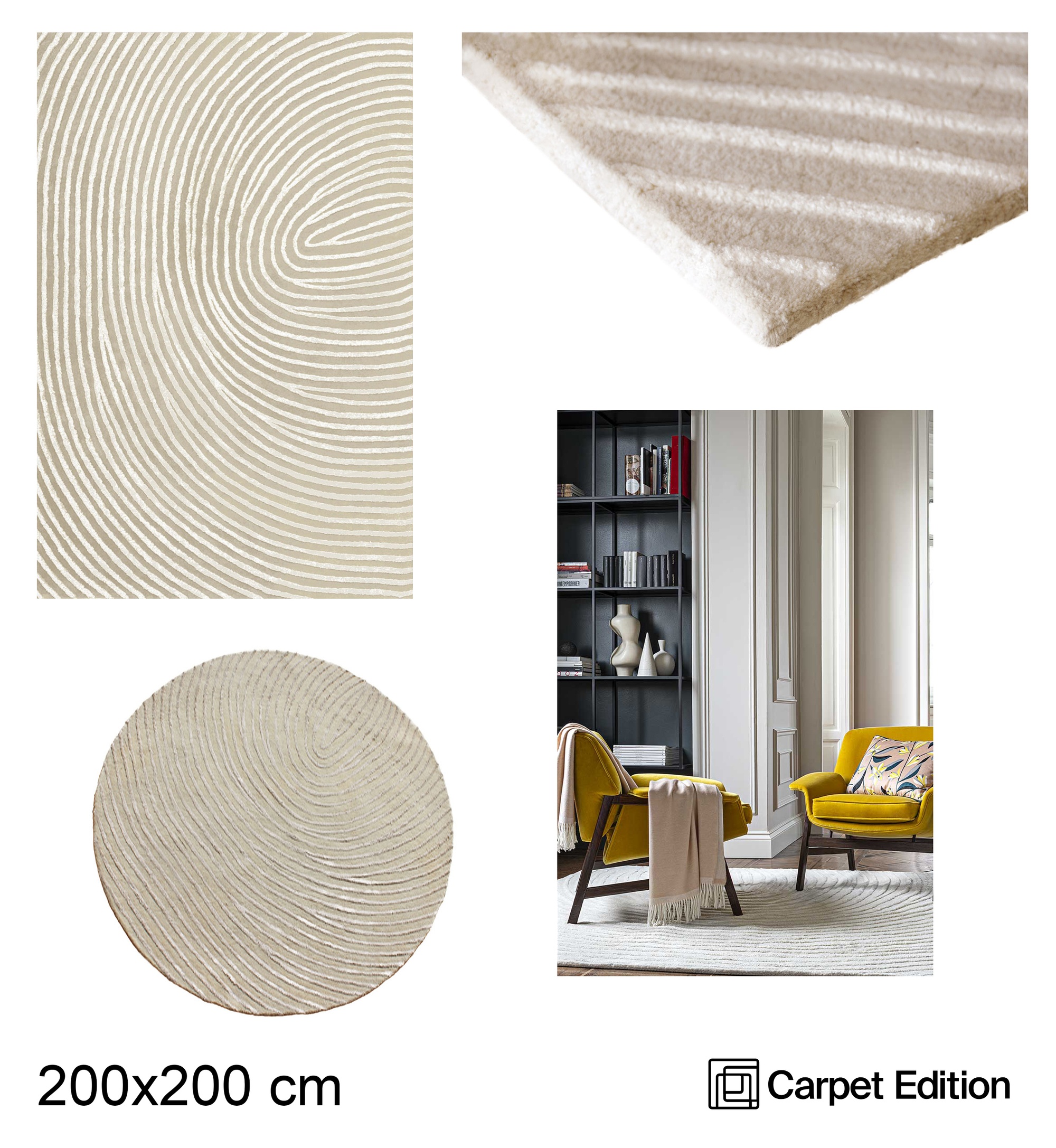 Кремовый ковер Carpet Edition Swirl Lines с рельефными концентрическими линиями для спальни в стиле джапанди
